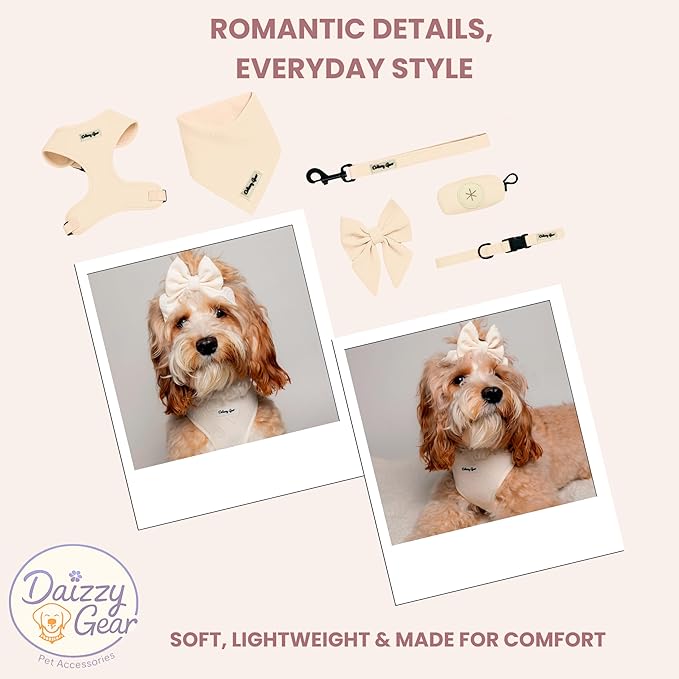 Large Dog Harness Set – Cute No Pull, All Weather, Breathable Harness and Leash Set with Collar, Bandana, Sailor Bow & Poop Bag Holder – Adjustable, Soft & Stylish – Cream Hearts on Jacquard Fabric