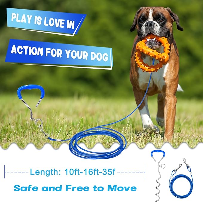 Supet Dog Tie Out Cable and Stake 32/16/10 ft Outdoor, Yard and Camping, for Medium to Large Dogs Up to 125 lbs, 16" Stake, 32/16/10 ft Cable with Durable Spring and Metal Hooks for Outdoor