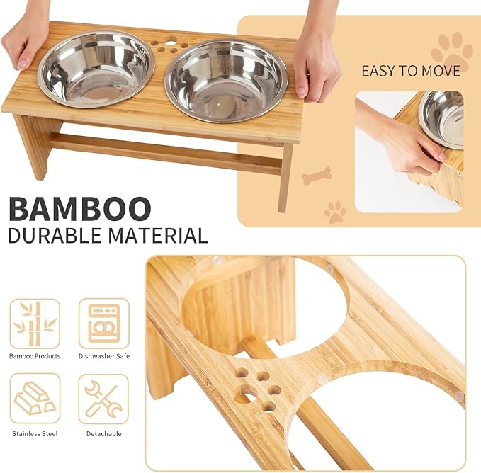FOREYY Raised Pet Bowls for Small and Medium Dogs, Bamboo Elevated Dog Cat Food and Water Bowls Stand Feeder with 2 Stainless Steel Bowls and Anti Slip Feet (New 7'' Tall)