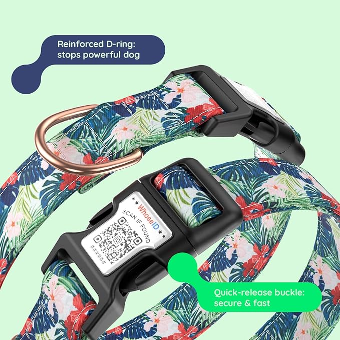 WhoseID Airtag Dog Collar,with Waterproof airtag Holder，Original Stylish Cute Pattern Design.QR Code ID Buckle，Comfortable Soft Cotton for Small Medium Large Dogs