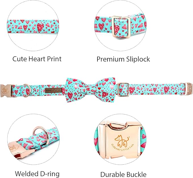 Elegant little tail Valentine's Dog Collar, Cute Pink Heart Pet Collars with Bow Soft Dog Collar Female or Male Adjustable Cotton Pet Collars for Small Medium Large Dogs