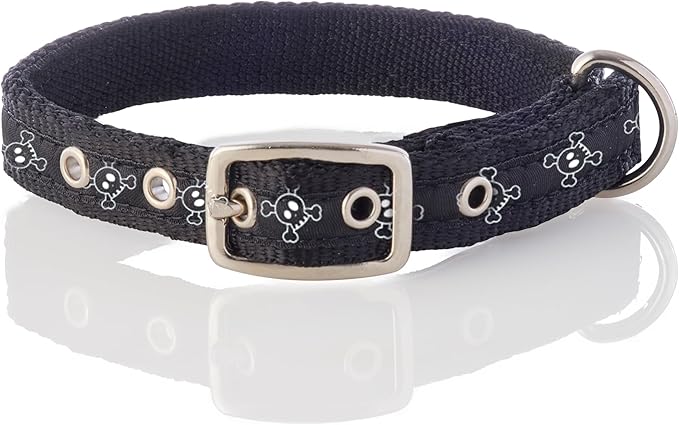 Adjustable Recycled Ribbon Dog Collar for All Pet Breeds, Skully Night, XX-Large