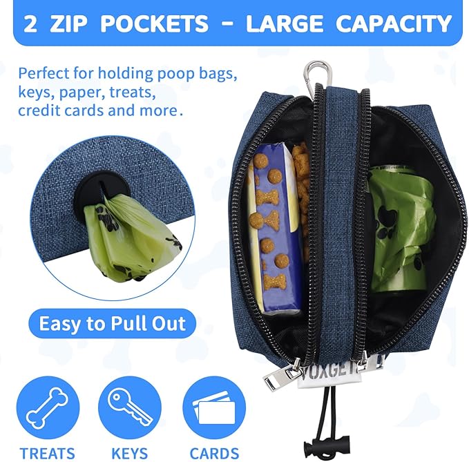 Poop Bag Holder for Leashes, Dog Treat Pouch Carrier with 2 Zipper Pockets and Clip for Puppy Training, Dog Waste Bag Dispenser with 1 Roll Poop Bags for Walking Accessories (Navy Blue)