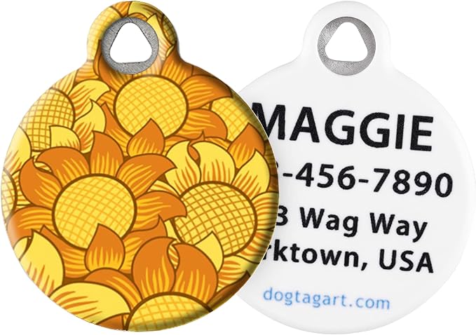 Dog Tag Art Sunflowers Personalized Pet ID Tag for Dogs and Cats, Silent Polymer Coated Stainless Steel Nametag with Customized Identification Information, Small .875" Diameter