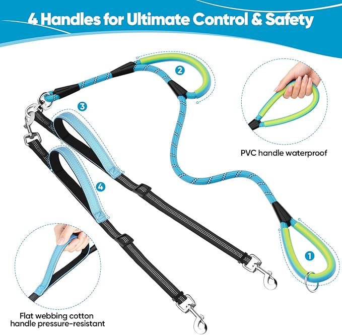 XiaZ Double Dog Leash, No Tangle Dual Rope Reflective Walking Training Lead, 4 Comfortable Padded Handles for 2 Dogs, Adjustable Splitter Dual Leash for Large Medium Dogs, 1/2”Blue