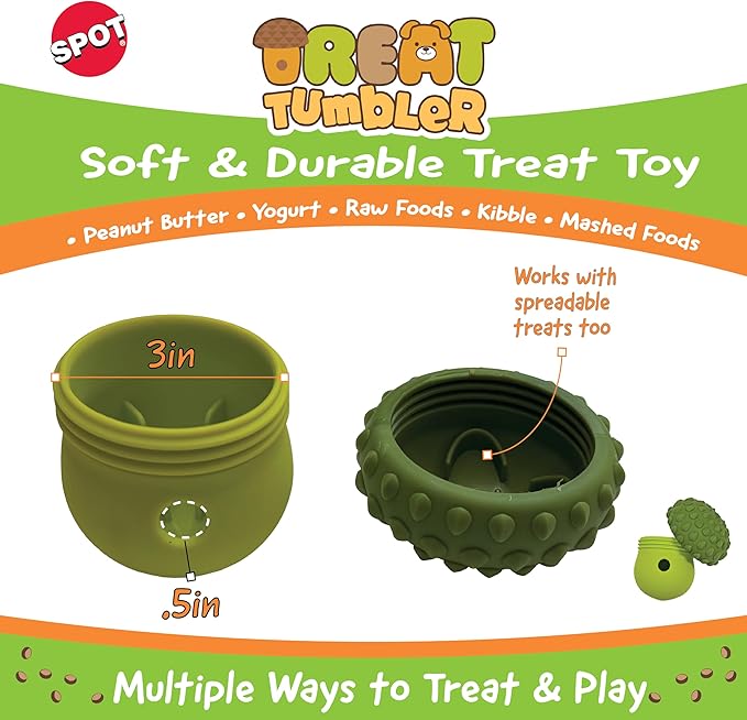 SPOT Treat Tumbler Broccoli – Freezable & Fillable Treat Dispensing Dog Toy for Small & Medium Dogs, Silicone, Easy to Clean, Interactive, Holds Small Kibble & Soft Snacks, 4.38 in