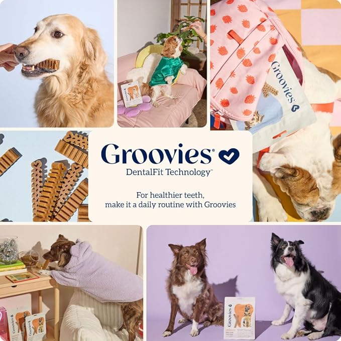 Groovies Flexible, Yet Moderately Tough Daily Dog Dental Chews. Powered by USA-Patented DentalFit Technology. No Added Gluten, No Artificial Flavors or Colors. Original 12oz Medium (20Chews)