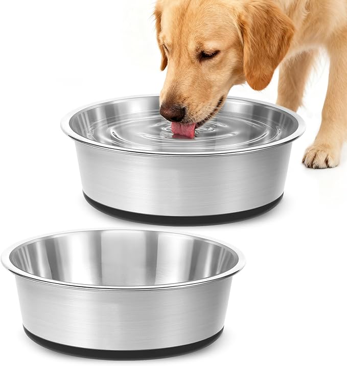 Stainless Steel Dog Bowls Set of 2, Extra Thick Metal Bowls, with Non-Slip Rubber Base Dog Bowl, BPA Free, Holds 8 Cups(59 fl oz), for Small Dogs, Black