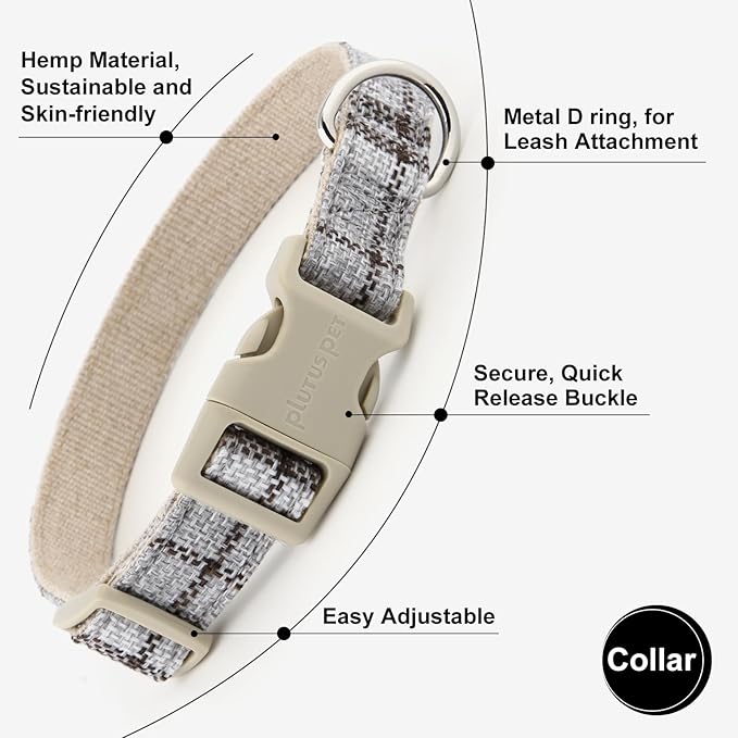 Plutus Pet Cotton Hemp Dog Collar and Leash Set, Adjustable Collar for Small, Medium, and Large Dogs, Heavy Duty and Soft on Skin, Gray Plaid, XS