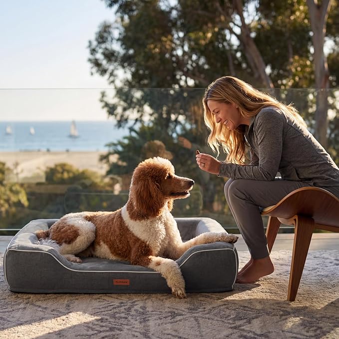 42 Inch XL Orthopedic Dog Couch Bed for Large Dogs Up to 80 lbs,Cooling Gel Memory Foam + Egg Crate Foam,Waterproof Removable Washable Cover,4-Sided Bolster,Non-Slip Bottom,Dark Grey