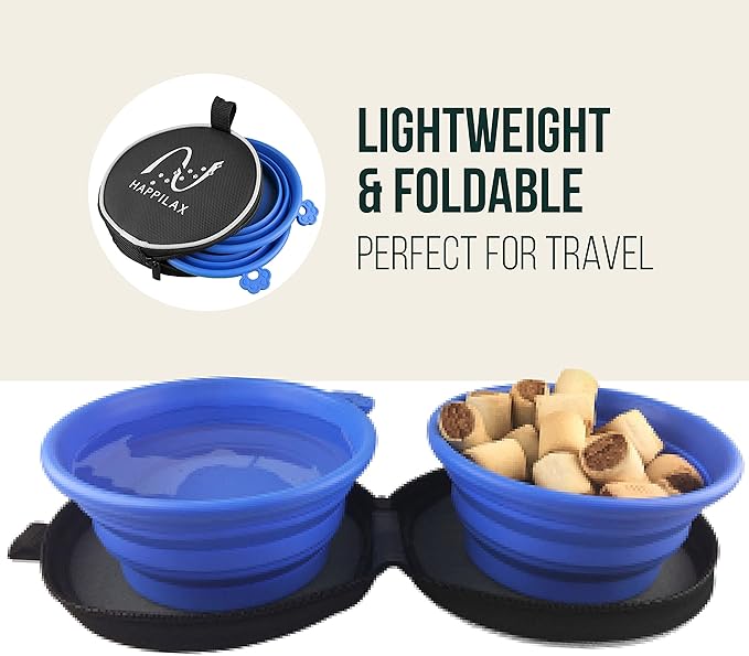 Happilax Travel Dog Bowl Set - 2 Foldable Silicone Food and Water Bowls with Carabiners and Bag - Collapsible Feeding Bowls for Wet and Dry Food - 680ml Capacity - Available in Black and Blue