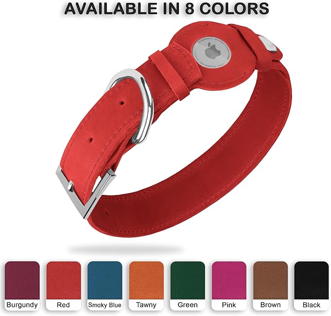 Leather Dog Collar with Airtag Holder - Apple Air Tag Dog Collars - Soft Tracking GPS Pet Collar for Small Medium Large Dogs Breed Puppy (Red, L, 15"-19" Neck Fit)
