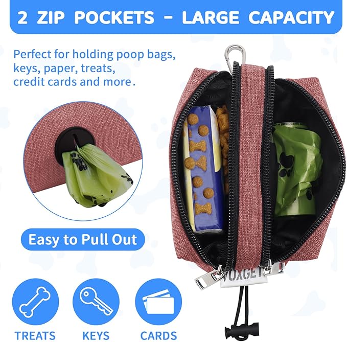 Dog Poop Bag Holder for Leashes, Dog Waste Bag Dispenser with 2 Zipper Pockets and Clip for Pets Doggy Training, Puppy Treat Pouch Carrier with 1 Roll Poop Bags for Walking Accessories (Red)