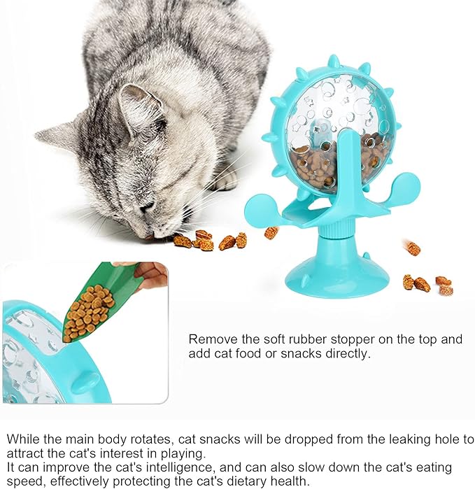 GLOGLOW Interactive Cat Treat Leaking Toy, Windmill Treat Dispensing Cat Puzzle Food Interactive Toy Kitten Puppy Slow Feeder Snacks Distribution with Powerful Suction Cup(Blue)