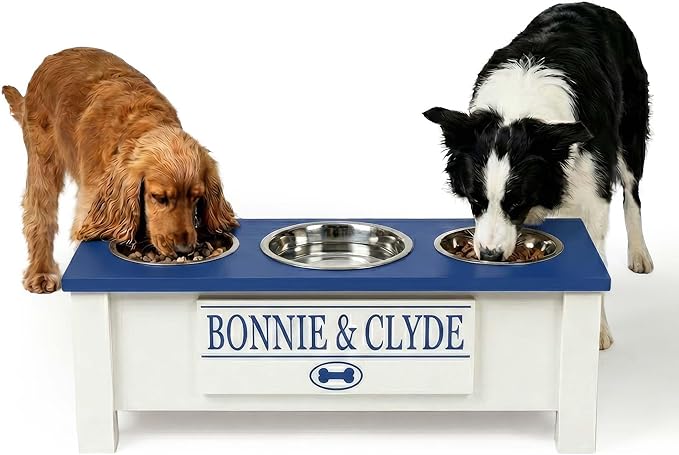 GTW Personalized Elevated Triple Dog Bowl Stand for Large, Medium, Small, X-Small Dogs - 3 Stainless Steel Food and Water Bowls - Raised Dog Dish with Internal Storage (Medium, Blue)