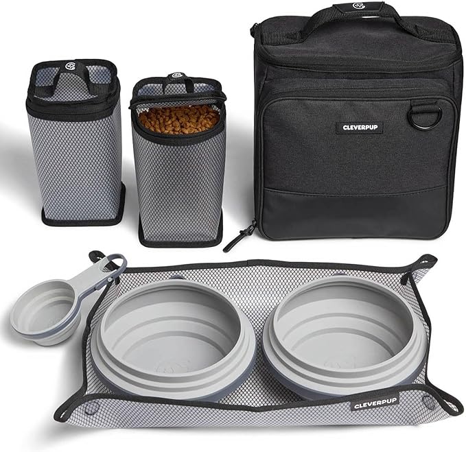 Cleverpup Large 7-Piece Bistro Box Dog Food Travel Kit, 12 Cup BPA-Free Kibble Storage, 2 Silicone Bowls, Mat & Scoop - Portable Pet Food Kit for Weekends, Overnights, Daycare & Camping, Graphite