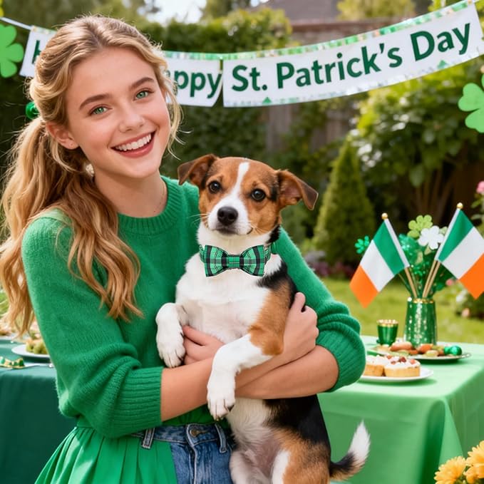 DOGWONG St. Patrick's Day Dog Collar with Bowtie, Green Plaid Bowtie Dog Collar for Small Medium Large Dogs,XS