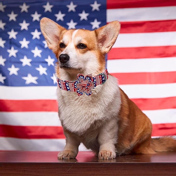 Elegant little tail Independence Dog Collar, Patriotic Pet Collar with Flower American 4th of July Pet Gift Cotton Soft Boy Girl Adjustable Collars for Medium Dogs