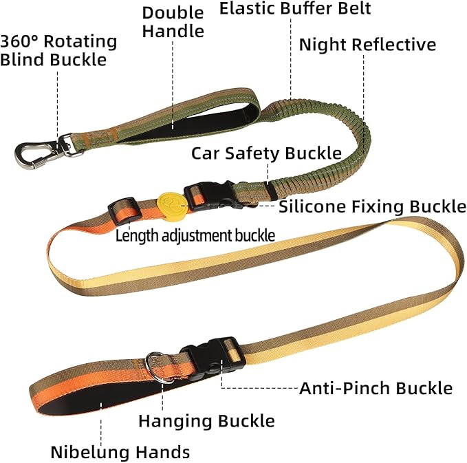 ‌EVERKING 6ft Hands-Free Dog Leash - 6-in-1 Adjustable with 360° Rotating Buckle, Night Reflective & Shock Absorbing for Large/Small Dogs (Up to 120lbs) (Golden)