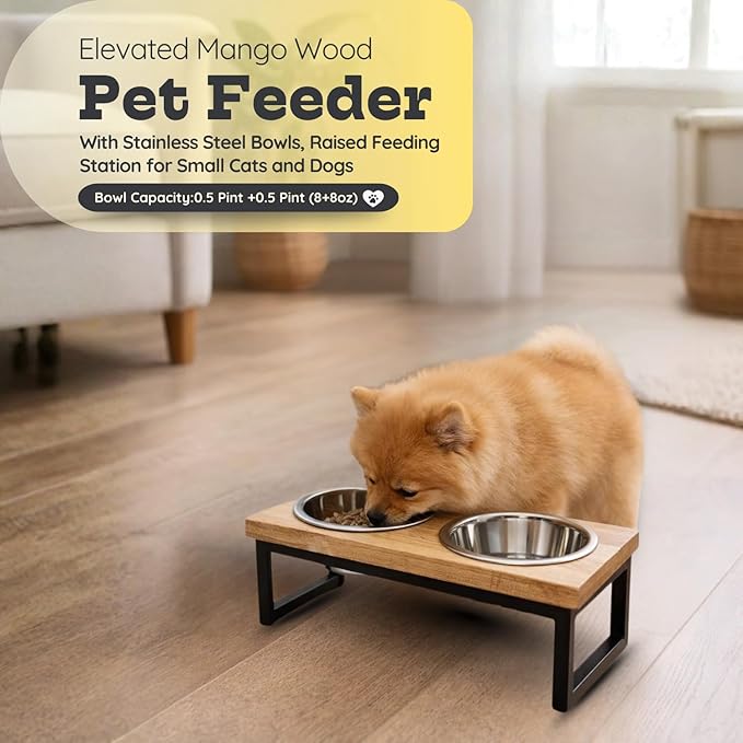 Elevated Dog Bowls, Small 4 Height Mango Wood Raised Dogs Bowl Stand Iron Frame with 16oz 2 Pcs Stainless Steel Pet Dishes | Food & Water 2Cup, 0.47L Capacity Nonslip Cats Feeding Station