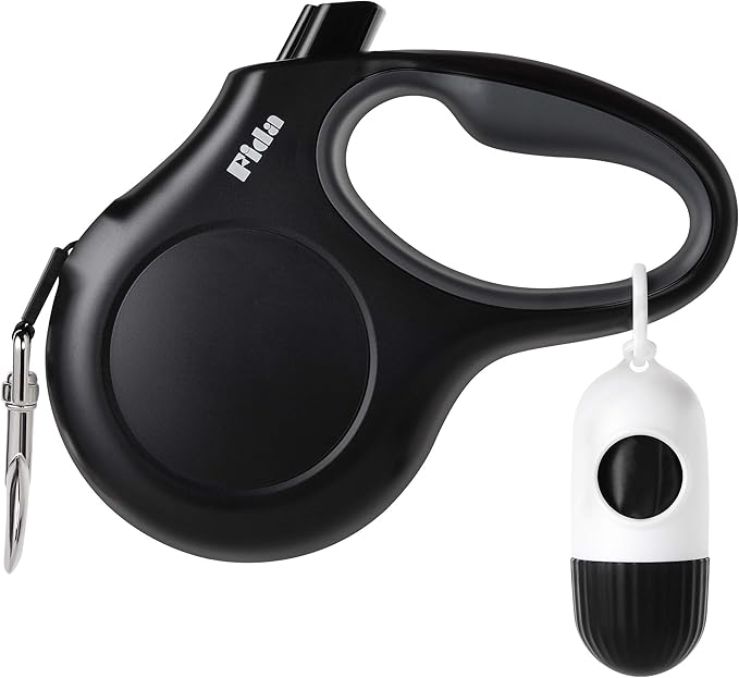 Fida Retractable Dog Leash with Dispenser and Poop Bags, 16 ft Pet Walking Leash for Large Dog up to 110 lbs, Anti-Slip Handle, Tangle-Free, Reflective Nylon Tape (L, Black)