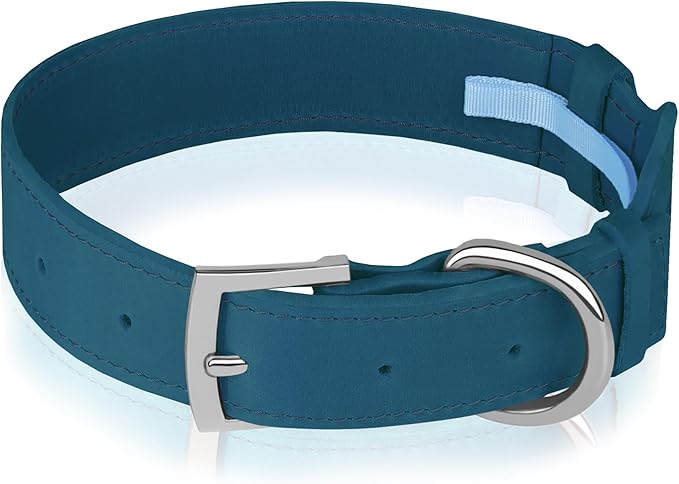 Leather Dog Collar with Airtag Holder - Apple Air Tag Dog Collars - Soft Tracking GPS Pet Collar for Small Medium Large Dogs Breed Puppy (Smoky Blue, M, 12"-15" Neck Fit)