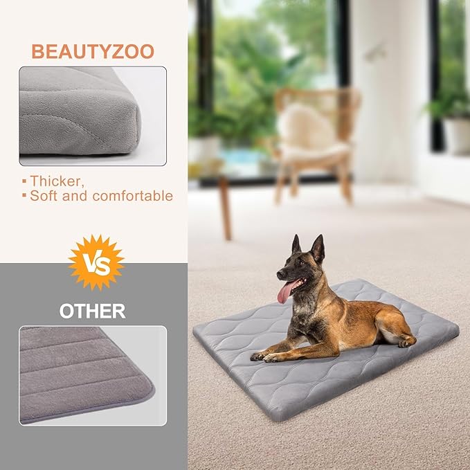 BEAUTYZOO Dog Crate Pad for Large Dogs, Washable & Detachable Kennel Mat, Anti-Slip Soft Fluffy Puppy Bed for Crate, Cage, and Car Travel, Cozy Sleeping Mattress, 48x30 Inches, Gray