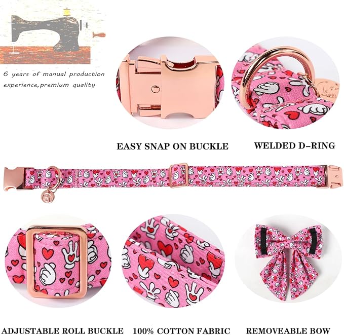 DOGWONG Valentine Dog Collar with Bow, Pink Heart Dog Collar Durable Soft Cotton Pet Dog Collar Cute Heart Valentines Day Puppy Necklace for Small Medium Large Dog
