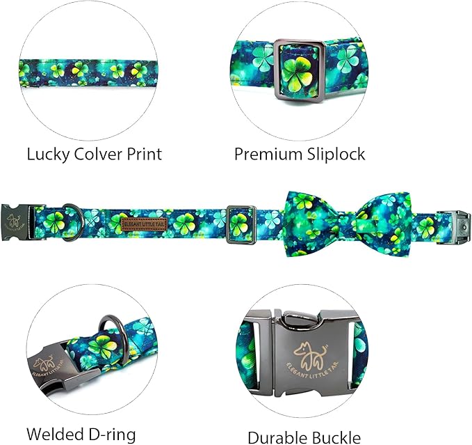 Elegant little tail St Patrick's Dog Collar, Green Cute Colver Cotton Shamrock Pet Collar Trefoil Puppy Collar Bow Holiday Adjustable Cotton Pet Collar for Small Medium Large Dogs