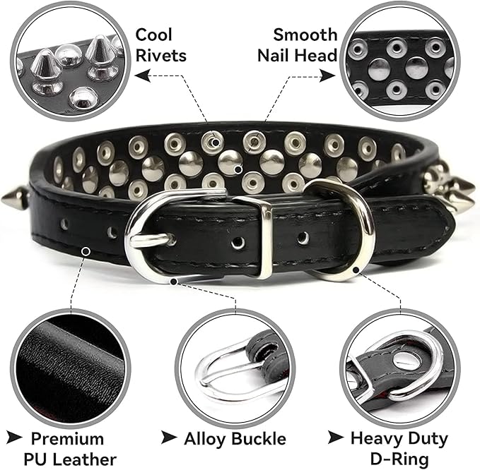 Green Spiked Collar for Dogs, Boy Spike Puppy Collars Leather Mushrooms Rivet Male Studded Cat Collars Adjustable for Kitten XXS XS S Medium Large Dogs, X-Small
