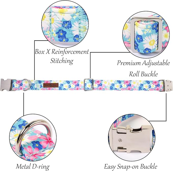 Lionet Paws Floral Dog Collar with Sailor Bow, Spring Wildflowers Daisy Forget Me Not Dog Collar Bow Tie for Large Dogs, Neck 16-24 inches
