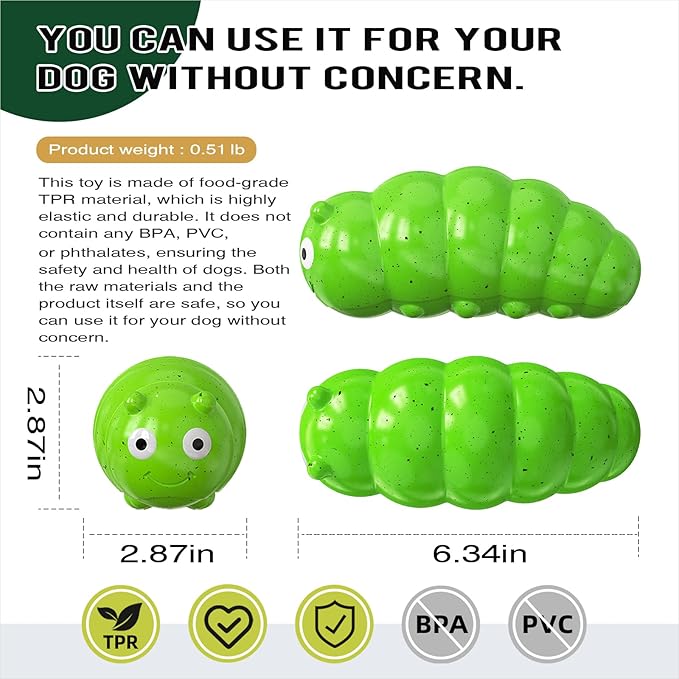 Large Size BouncyLarva Squeaky Dog Toy for Medium/Large Dogs Breed Aggressive Chewers Durable Bouncy Squeak Toys Green