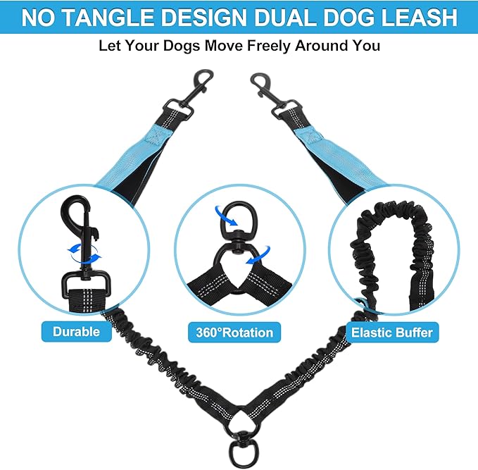Double Dog Leash, Hands-Free Dual with Comfortable Padded Handle, Double for Two Dogs, Adjustable Length, Blue, 1 Set