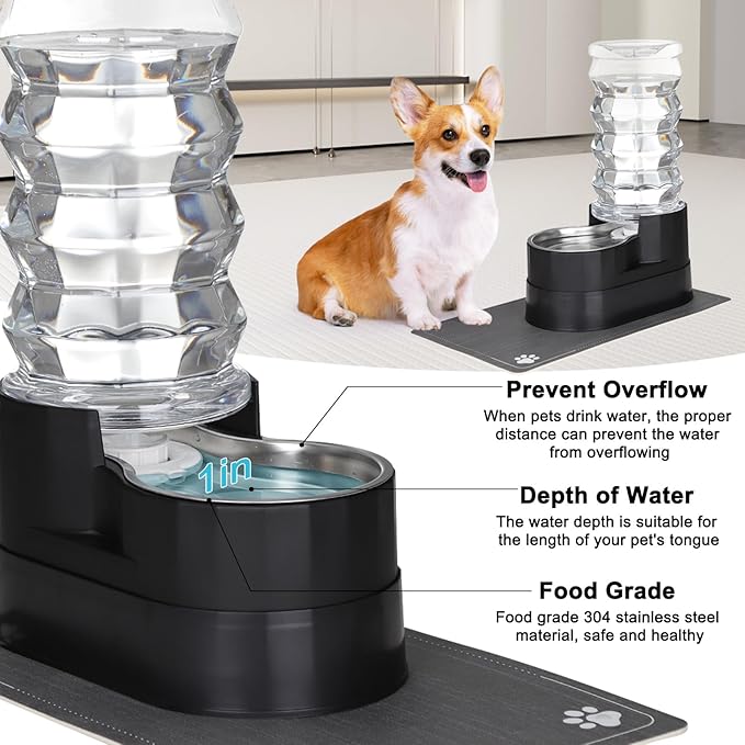 RIZZARI Large Water Dispenser for Dogs: 8L Raised Black Auto-Refill Stainless Steel Waterer - Easy Cleaning - Leak-Resistant - for Senior Dogs with Joint Spine Pain - Garage Garden Use