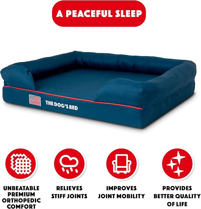 The Dog’s Bed Orthopedic Memory Foam Dog Bed with Bolsters, Oxford Fabric, Blue with Dark Red Trim, Large