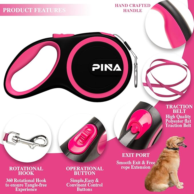 PINA Retractable Dog Leash, 26ft Dog Leash for Small Medium Large Dogs Up to 110lbs, 360° Tangle-Free Strong Reflective Nylon Tape, with Anti-Slip Handle, One-Handed Brake, Lock - 2PACK