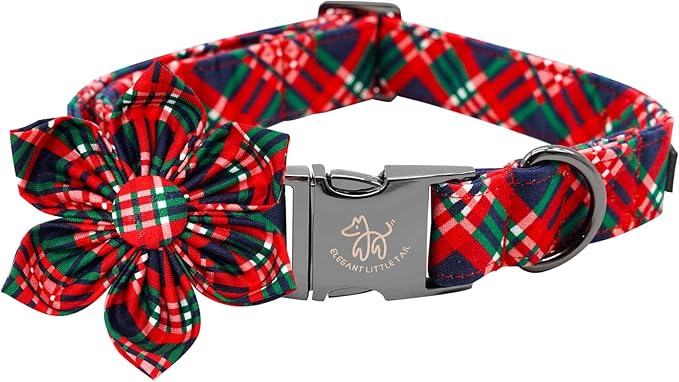 Elegant Little Tail Red Plaid Christmas Dog Collar with Flower for Large Dogs