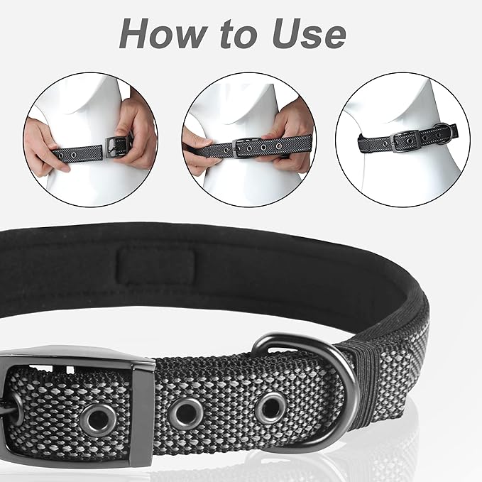 PetiFine Dog Collars for Small Dogs, Neoprene Padded Dog Collar, Reflective Heavy Duty Pet Collars with Durable Metal Belt Buckle for Walking, Black, S