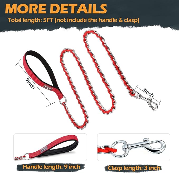 Chain Dog Leash Chew Proof Metal Leash for Medium Large Dogs, Chain Link Dog Anti Chew 5.2FT / 4FT Strong Anti Bite Comfortable Soft Padded Handle (red, 5FT(30-80lb)