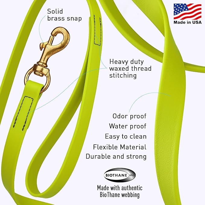Viper Biothane K9 Working Dog Leash Waterproof Lead for Tracking Training Schutzhund Odor-Proof Long Line with Solid Brass Snap for Puppy Medium and Large Dogs, 15ft Safety Yellow