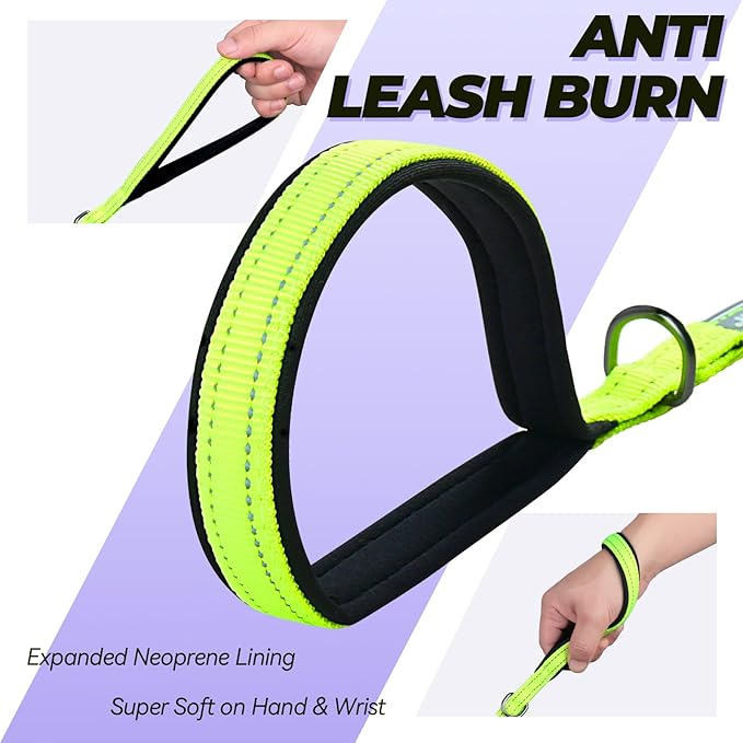 VIVAGLORY Twingrip Dog Leash, Double Handle Dog Leash for Training & Walking with Traffic Handle & 2 Loop, Traffic Control Reflective Heavy Duty for Puppy Pet, 4ft x 1/2in, Bright Yellow