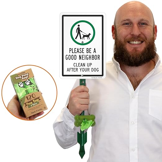 SmartSign Be A Good Neighbor Clean Up After Your Dog Yard Sign & Clip-On Preloaded Dispenser Combo/Kit with 135 Dog Poop Waste Bags, 7"x10" Rust-proof Aluminum Sign with 18-inch Steel Stake