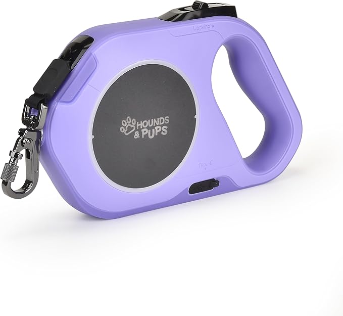 Hounds & Pups Retractable Dog Leash, 15 ft Length, LED Light for Night Walks (Purple)