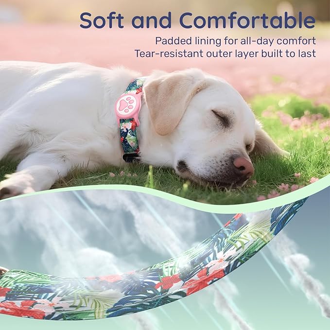 WhoseID Airtag Dog Collar,with Waterproof airtag Holder，Original Stylish Cute Pattern Design.QR Code ID Buckle，Comfortable Soft Cotton for Small Medium Large Dogs