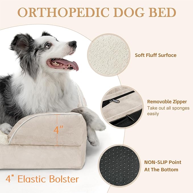 Comfort Expression Orthopedic Dog Bed for Large Dogs 35x22 Inch, Waterproof Supportive Egg Crate Foam Large Pet Bed with Removable Bolsters, Dog Couch with Washable Cover & Non-Slip Bottom, Beige