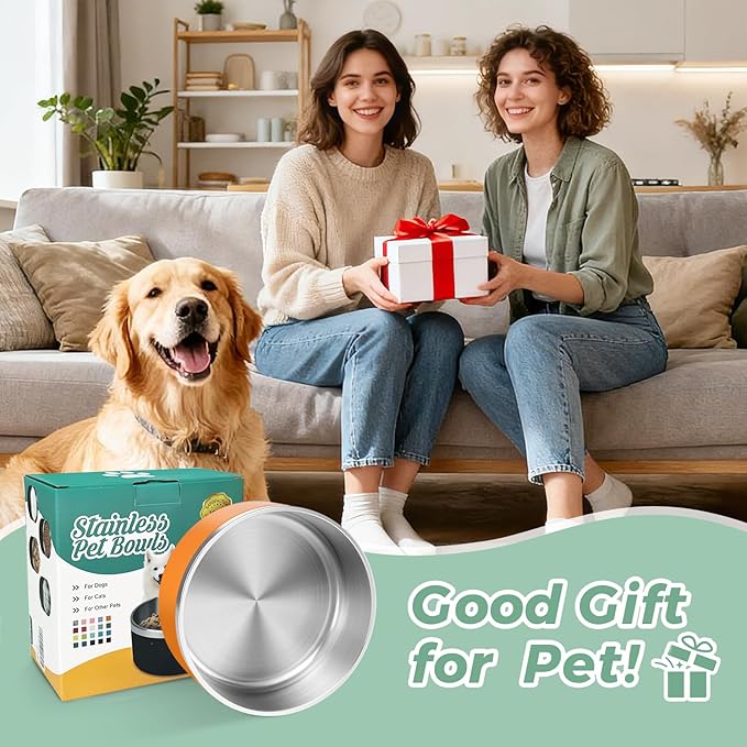 LIHONG Stainless Steel Dog Bowls for Large Dogs,Dog Food Water Bowls with Non Slip Rubber Bottom,Pet Feeding Bowl,Double Wall Insulated,Rustproof(64oz,Orange)