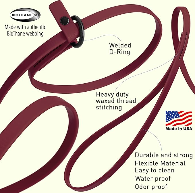 Dogline Biothane Slip Dog Leash - for Small, Medium and Large Dogs - Odor Free Slip Lead, Heavy Duty and Durable Material Kennel Lead - Merlot Burgundy - 5ft L x 3/8in W