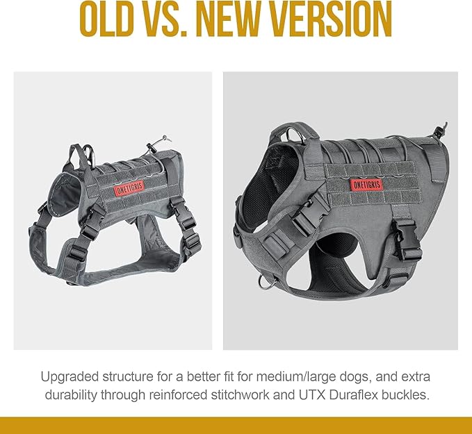 OneTigris Tactical Dog Harness Vest,Adjustable Dog Harness for Large Dogs,No-Pull Service Dog Vest with Hook & Loop Panels(Grey,X-Large)
