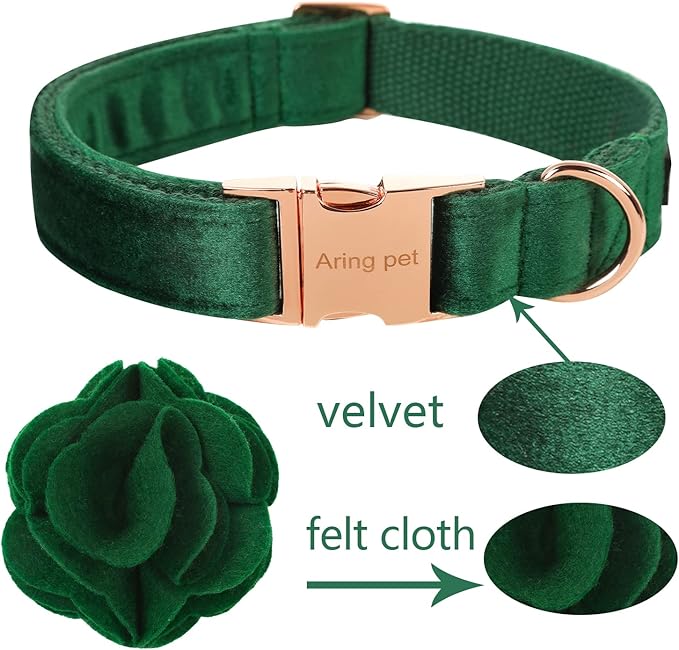 ARING PET Velvet Dog Collars, Dark Green Soft Pet Collar with Detachable Felt Flower Metal Buckle for Puppy Small Medium Large Boy Girl Dogs-XL