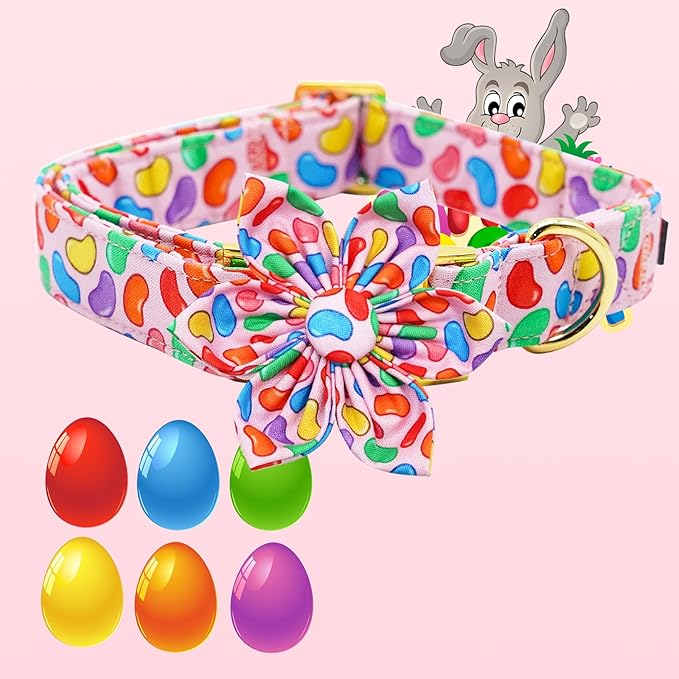 Elegant little tail Easter Dog Collar, Colorful Candy Print Dog Collar with Flower Blue Boy Girl Pet Gift Puppy Flowers Adjustable Pet Collars for Large Dogs